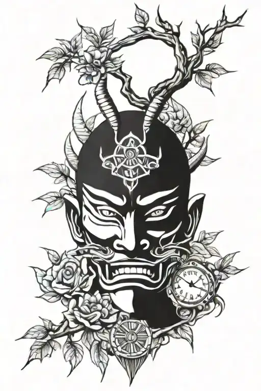 Samurai Oni Mask With A Tree And A Roman Numeral Clock