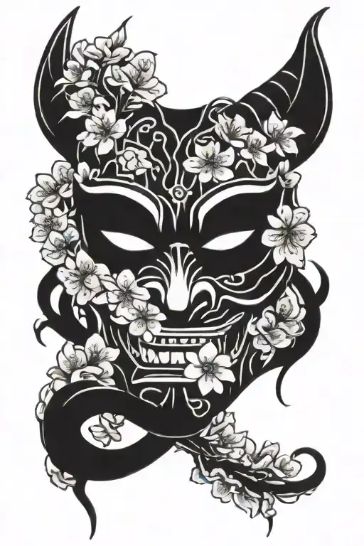 Half Oni Mask With Cherry Blossom Tree