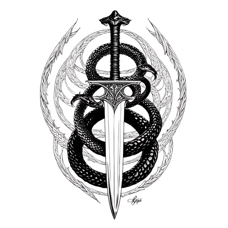 All Black Snake Around A Medieval Dagger