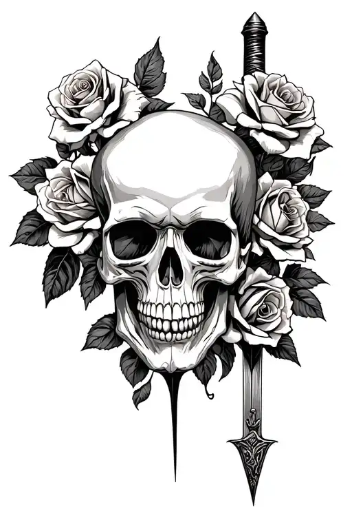 Skull With A Sword Through The Head With Roses Growing