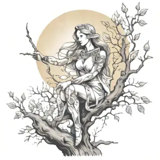 Woman Sitting On Branches With Sun Shining Armor Holding