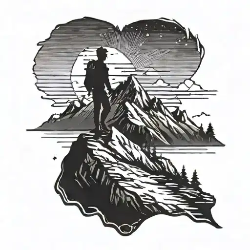 A Silhouette Of A Hiker On A Mountain Peak With A Crystal Embedded In The Landscape