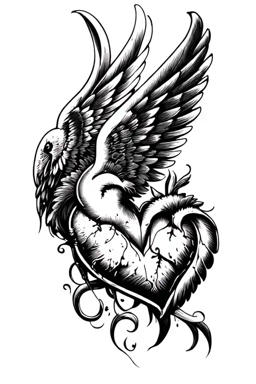 Heart And Wing On Thigh Tattoo Unique