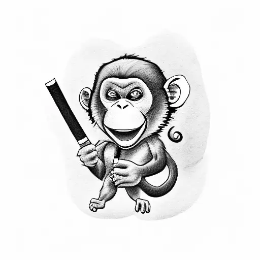 A Full Body Angry Monkey Holding A Cigarette In Its Tail And A Mini Gun In Its Hand