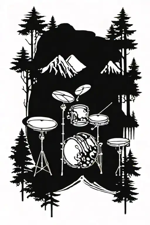 Minimalist Drumset In The Woods With A Mountain And Waterfall Behind It