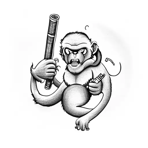 A Full Body Realistic Angry Monkey Holding A Cigarette In Its Tail And A Mini Gun In Its Hand