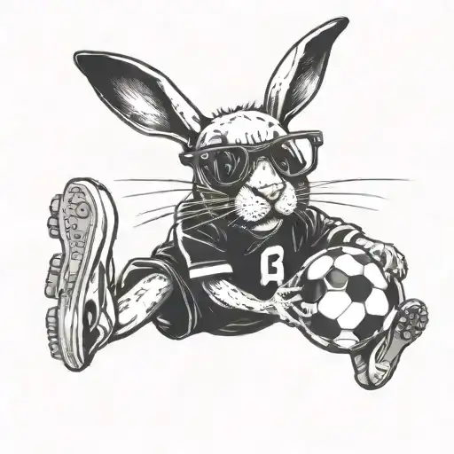 A Blackwork Tattoo Of Bad Bunny Kicking A Soccer Ball With Headphones On