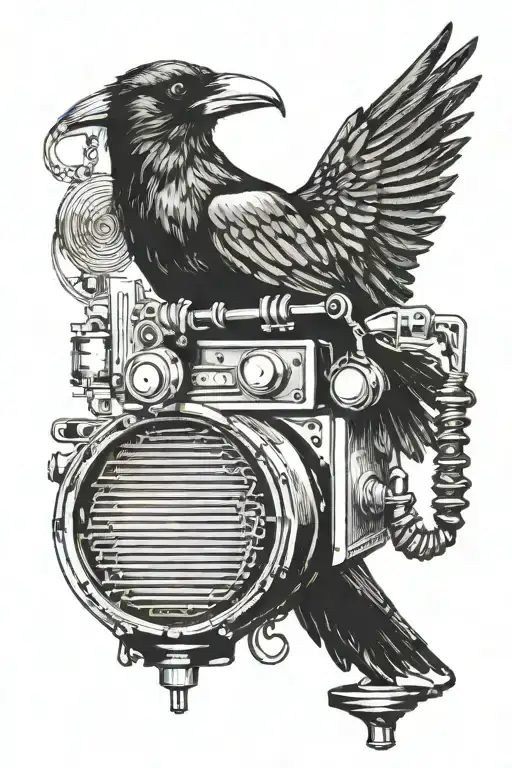 Crow In A Vintage Microphone Surrounded By Musical