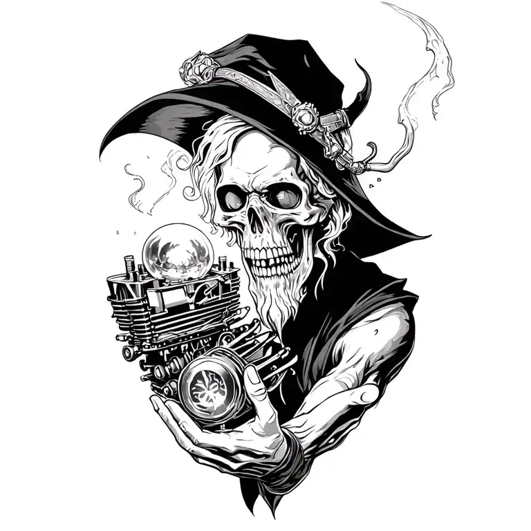 Undead Sorcerer Holding A Revving V8 Engine Like A Crystal Ball
