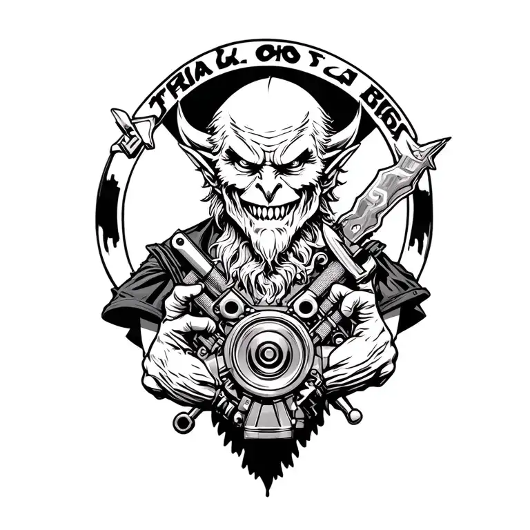 Evil Merlin Holding A V8 Engine With Tools