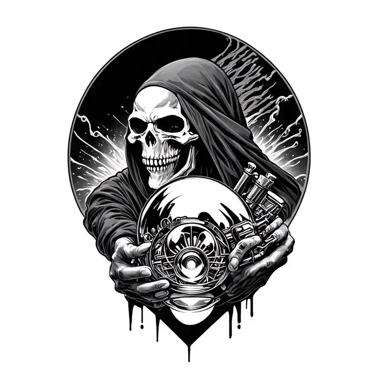 Grim Reaper Holding A V8 Engine Like A Crystal Ball