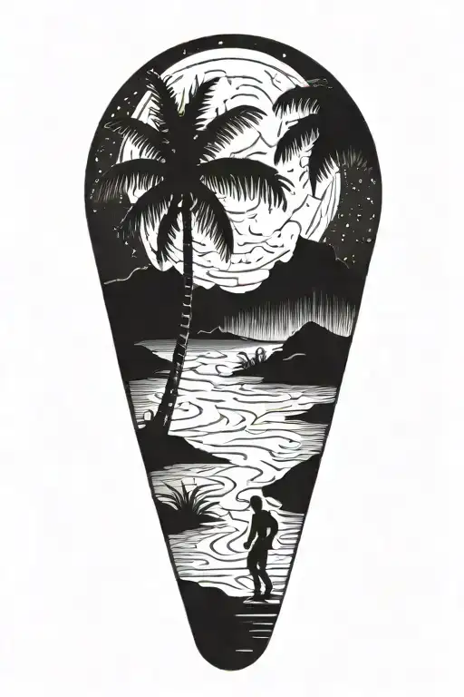 Palm Tree With Moon Phases And Walking Path Winding With Man Walking
