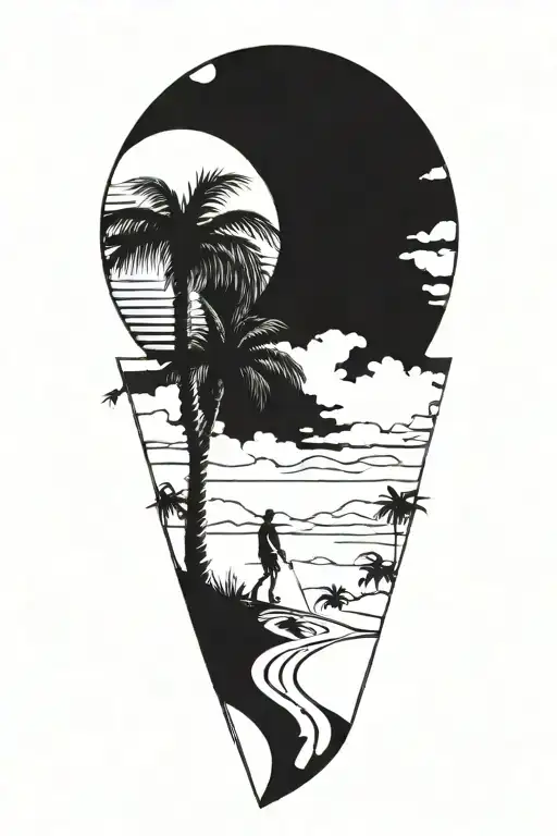 Palm Tree With Moon Phases And Walking Path Winding With Man Walking