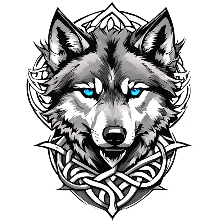 Wolf With Blue Eyes On Armor Tattoo Design Featuring Celtic Trinity Knot