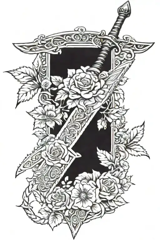 Sword With Rope And Flowers Near Handle And Leaves Around