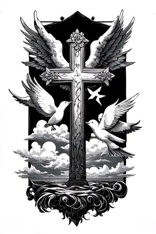 A Cross On A Cloudy Background With Birds And An Angel