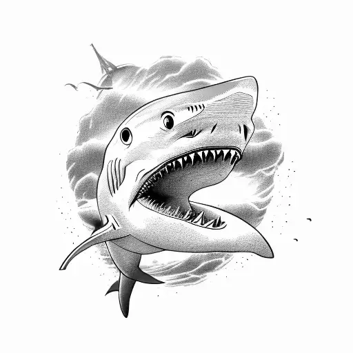 A Shark Swimming Through A Shipwreck With A Sky Background