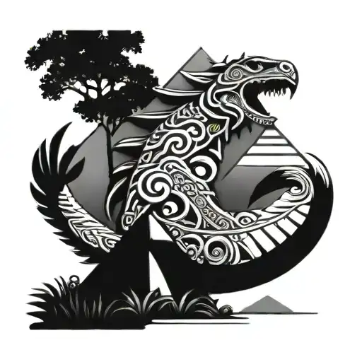 Quetzalcoatl And A Pyramid With Trees And An Aztec Warrior