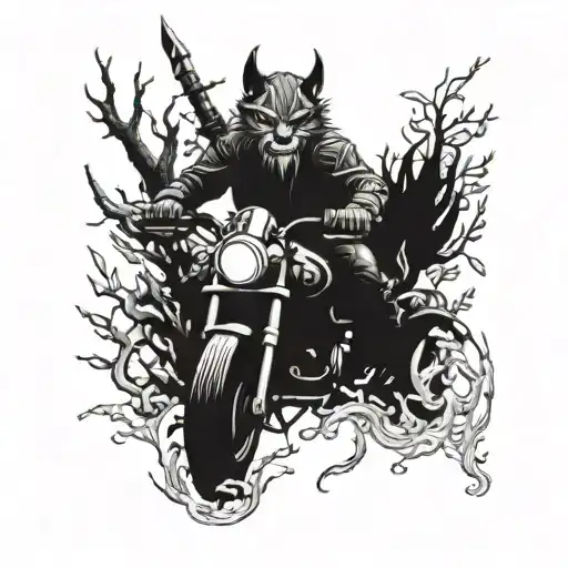 A Fierce Warrior Riding A Motorcycle Through A Forest Filled With Angry Animals