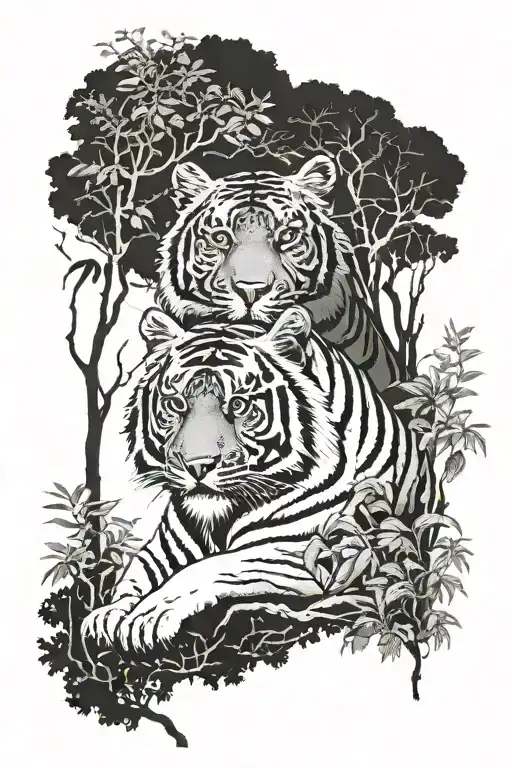 Tiger In Forest Trees Background Looking