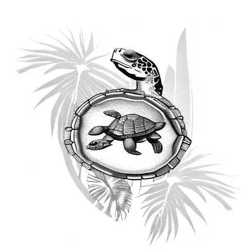 Swimming Turtle With Palm Trees In The Background