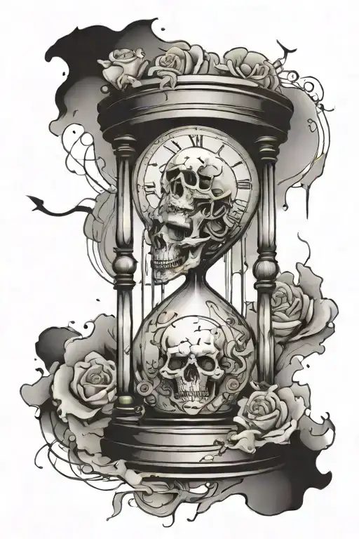 Hour Glass With Sand Falling On Skull In The Bottom Part Gear Clock In The Top Part