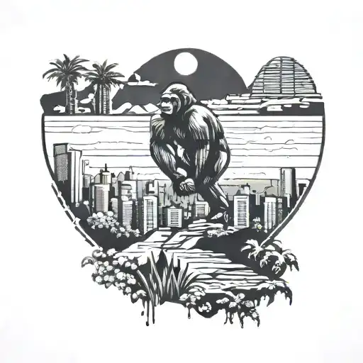 Illustrate A Gorilla Silhouette Against The Backdrop Of The Rwanda Skyline In Blackwork Style