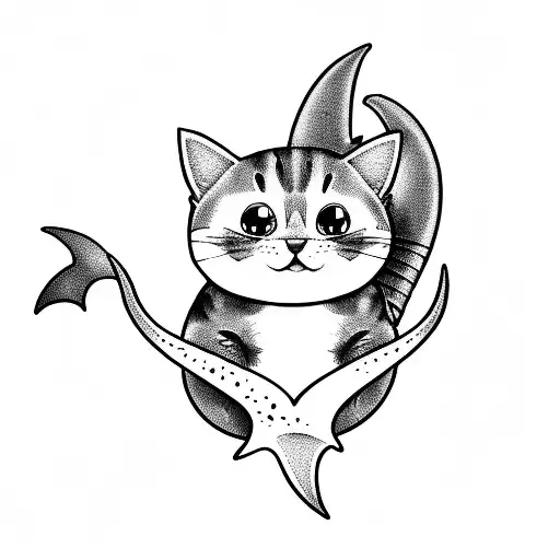 Cartoon Cat With Shark Tail Like It's A Mermaid