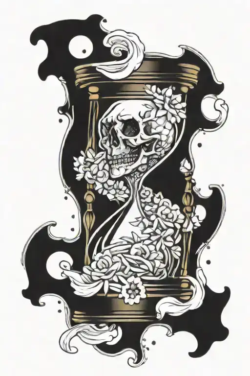 Hour Glass With Sand Falling On Skull In The Bottom Part Gear Clock In The Top Part