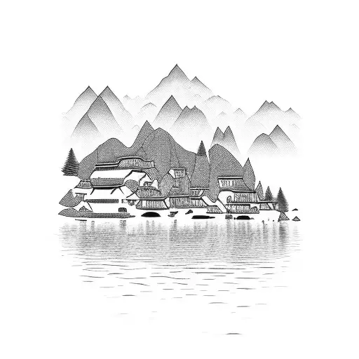 High Contrast Picture Of A Village With Water And Mountains With A Boarder