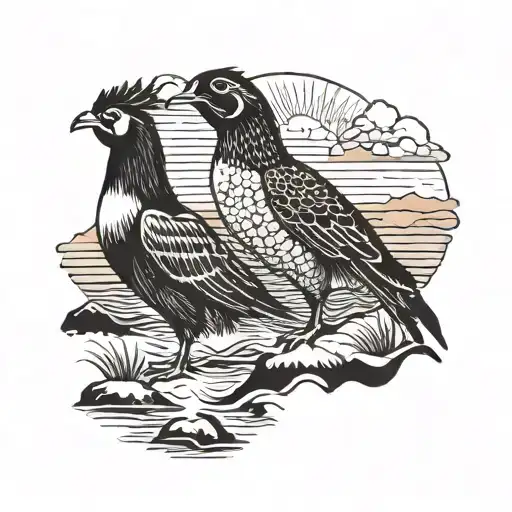 Rooster And Penguin On Beach Sunset