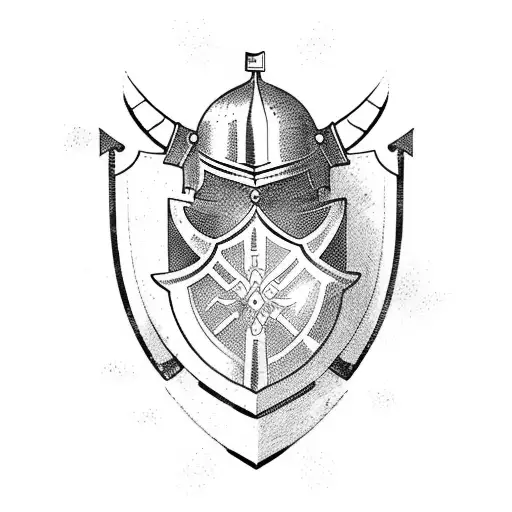 Incorporate A Medieval Knight Helmet And Shield With A Field Background With A Castle On The Back