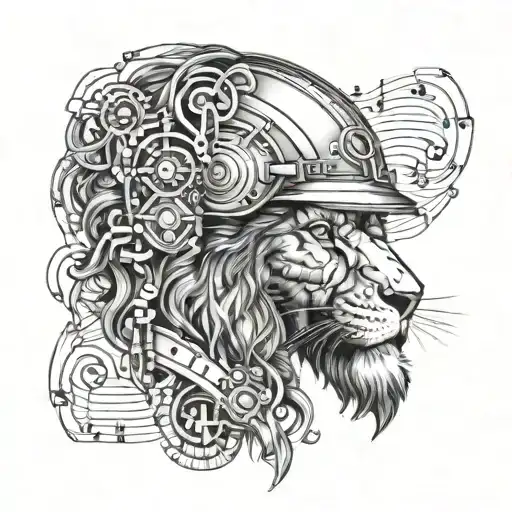 A Military Helmet With A Lion's Face Engraved On It Surrounded By Musical Notes