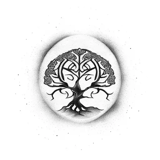 Tree Of Life Upper Arm Tattoo With Roots And Yin Yang Incorporated In The Trunk