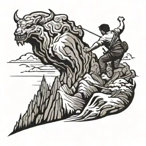 A Boy Climbing A Mountain With Demons Flying Above His Head