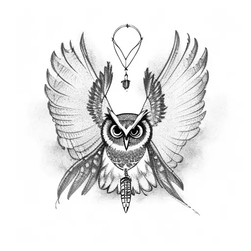 Owl With Wide Open Wings Holding A Dream Catcher In Legs