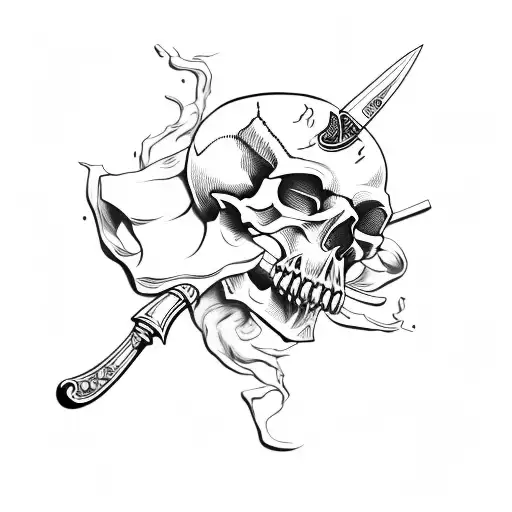 A Skull With A Knife Through Its Head And Paper Coming Out Of Mouth