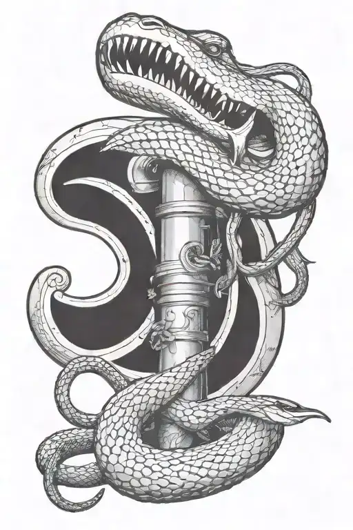A Snake Coiled Around A Shotgun Barrel That Shot Out Dice Smoke Around Barrel And Facing Down