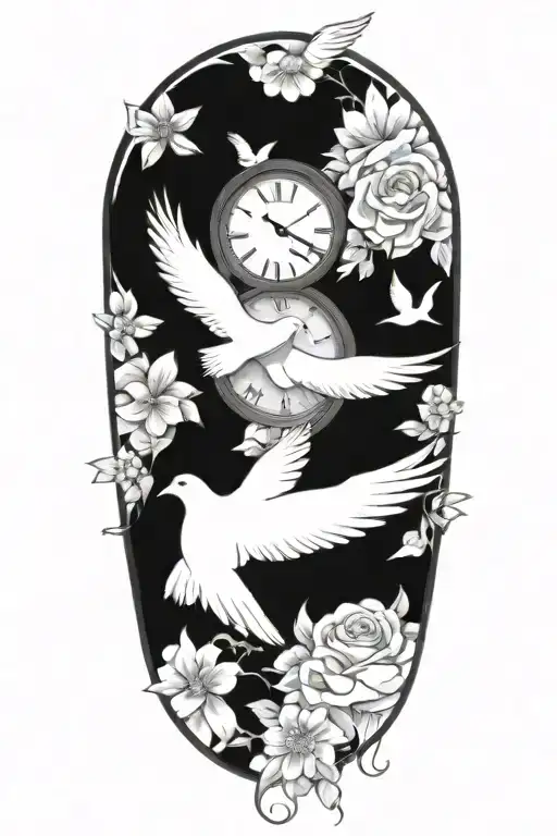 Clock Surrounded By Doves And Flowers