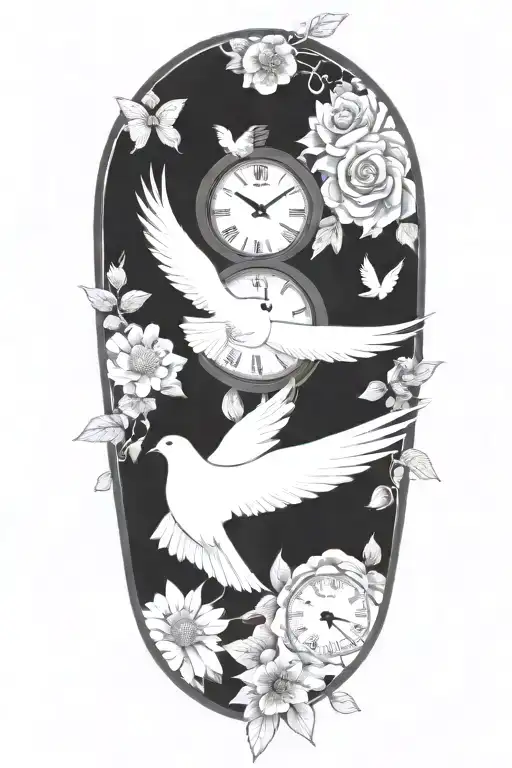 Clock Surrounded By Doves And Flowers