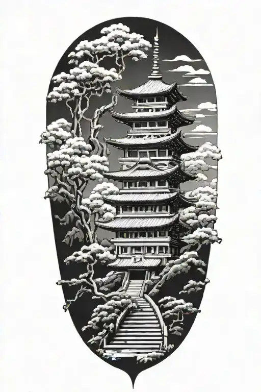 Japanese Pagoda Temple Stairs Leading