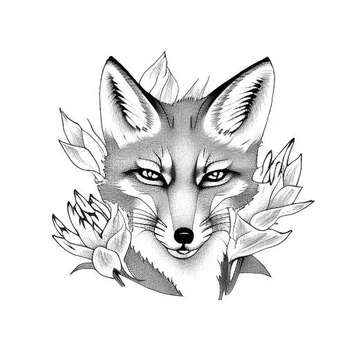 Kitsune Fox On The Foreground And White Lilies On The Background