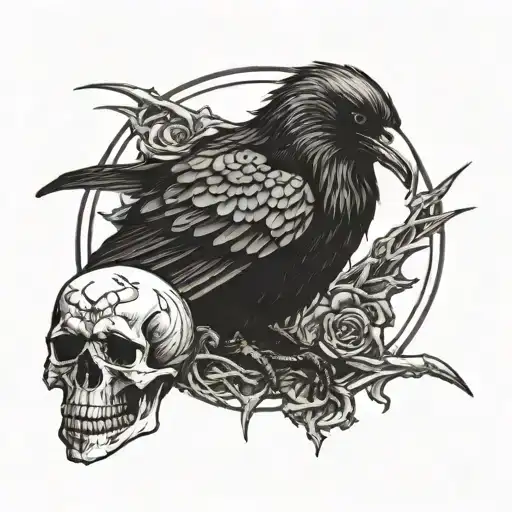 Black Raven Sitting On Skull With Vampire Fangs And Pentagram Ingraved In The Forehead
