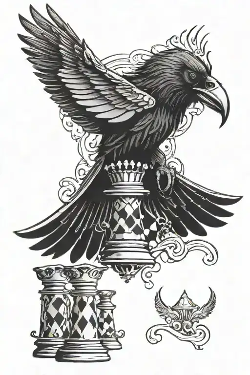 Raven With Spread Wings With King And Queen Chess Piece Incorporating Pieces