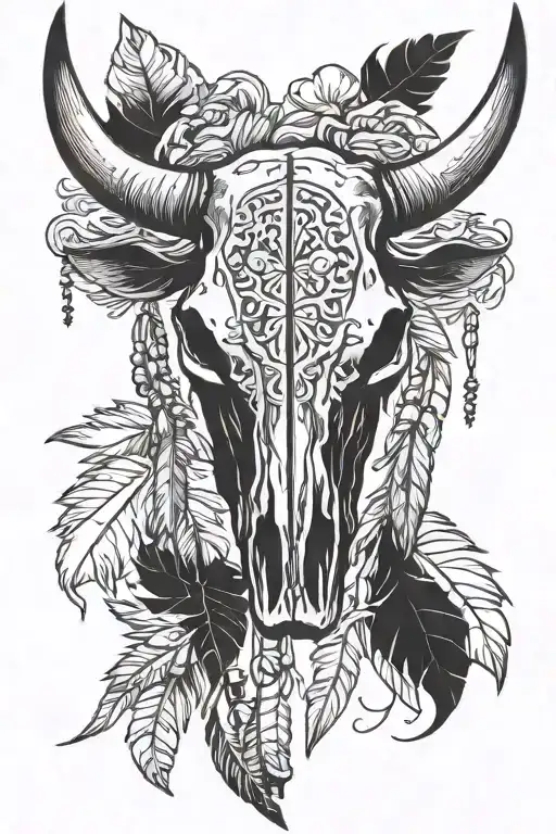 Native American Cow Skull With Feathers Hanging