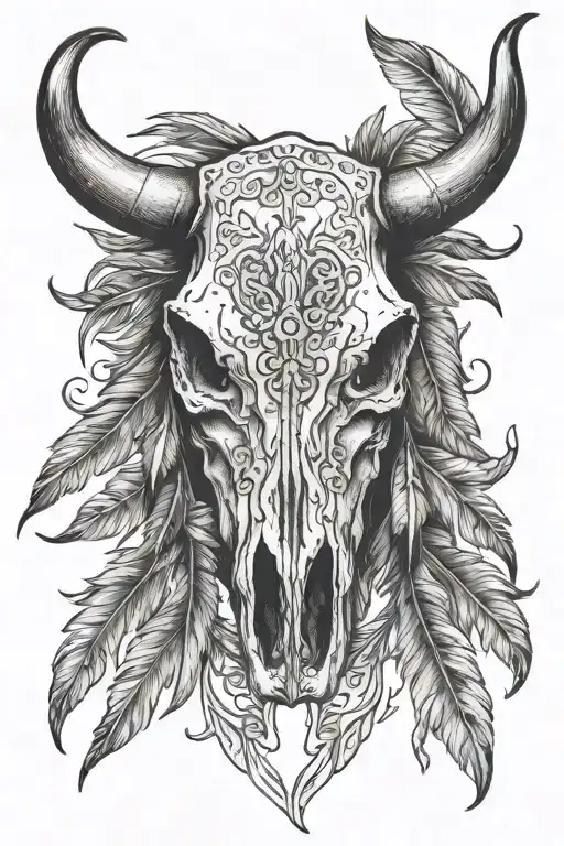 Cow Skull With Feathers Hanging