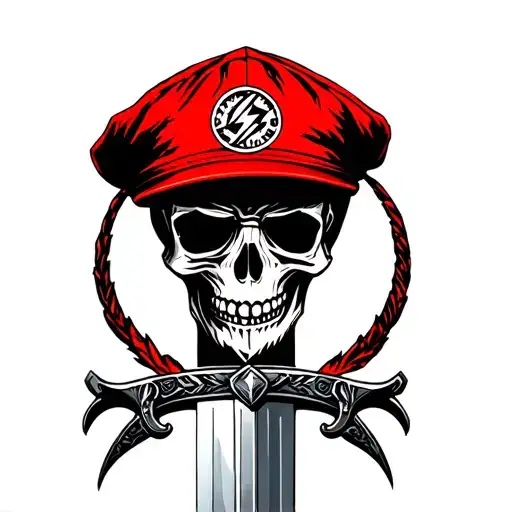 Skull Pierced With One Sword In The Center Wearing Red Side Beret With A Logo Of Thunder Bolt