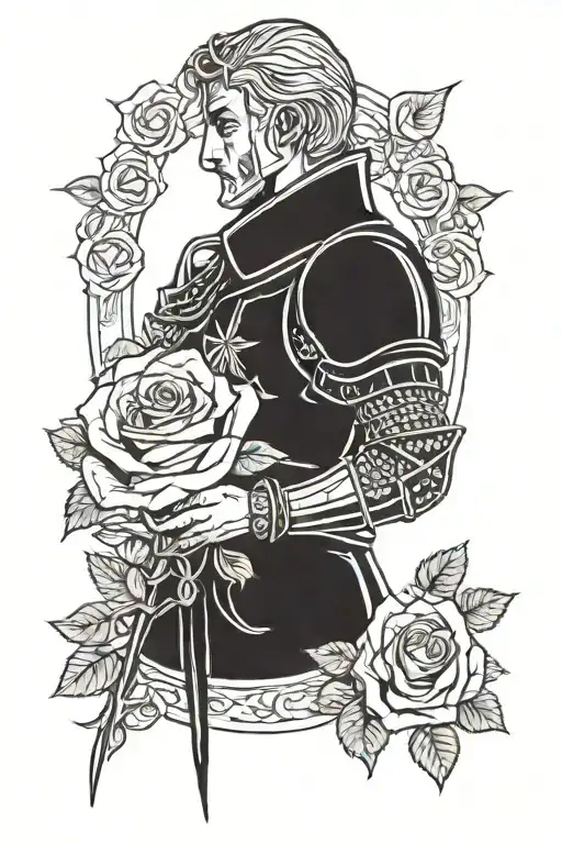 A Calm Knight Looking Down While Holding A Rose Intertwined