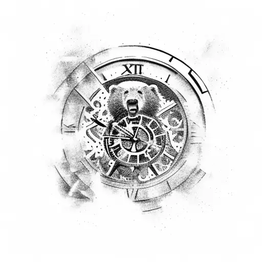 Roaring Bear Breaking Through A Clock With Gears