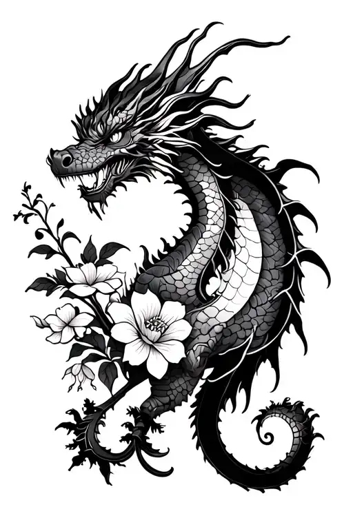 Dragon With Flowers And Trigres On The Back